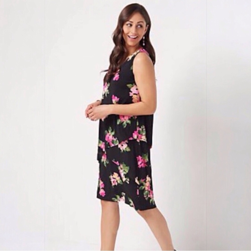 Susan Graver Black Dress with Pink Floral Designsize Medium